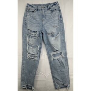 American Eagle Curvy MOM Jeans  Distressed High Rise Raw Hem Size 10 Denim‎